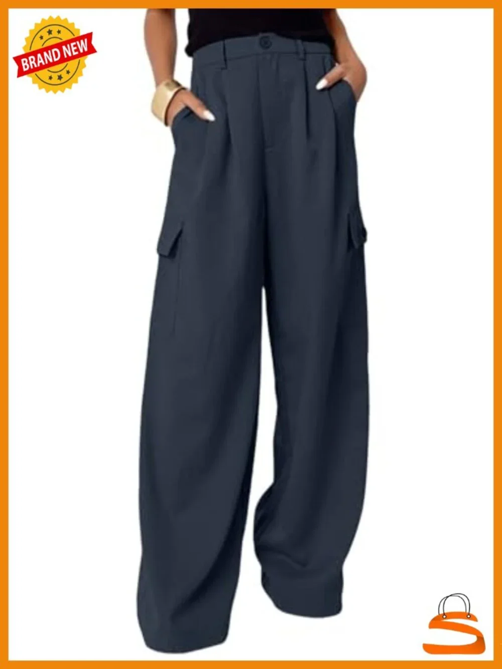 High Waisted Wide Leg Cargo Pants with 4 Pockets, Pleated Front, Belt Loops,